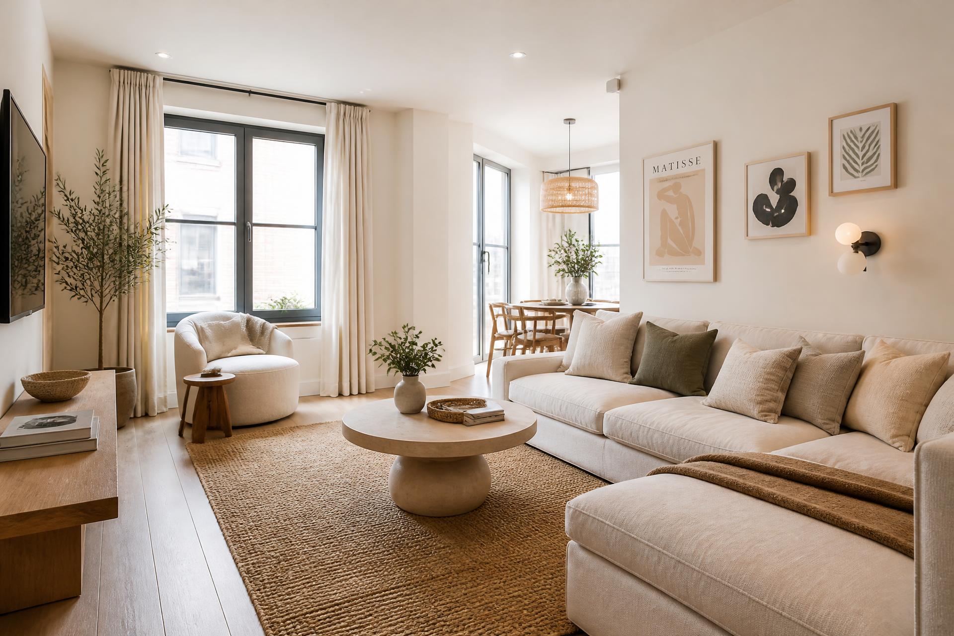 Bright, warmly styled short-let apartment living room ready for guests